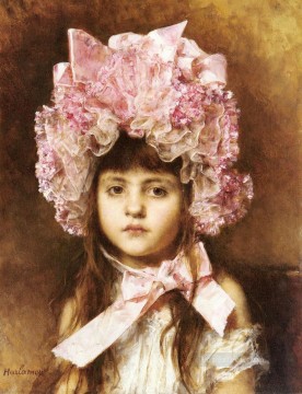  Rosa Pintura al %C3%B3leo - El retrato de la niña Pink Bonnet Alexei Harlamov